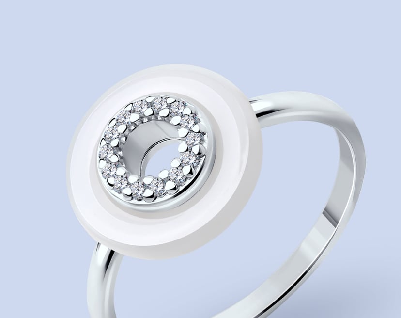Кольцо из серебра с керамической вставкой и фианитами
